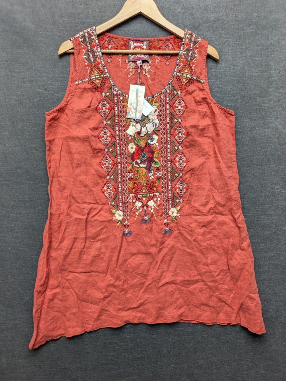 Johnny Was Beatriz Trapeze Embroidered L Orange Tunic 100% Linen Bohemian
